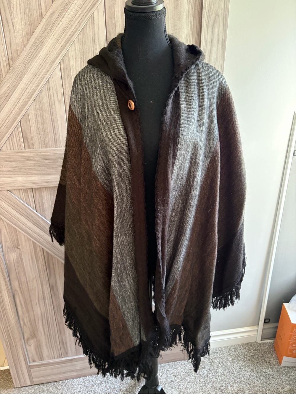 Brown & Gray Hooded Fringe Wrap Coat